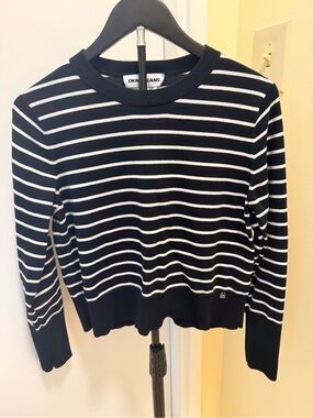 DKNY Jeans Black & White Striped Crewneck Pullover